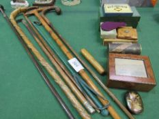 5 walking sticks, a treen container with a brass level, qty of games, box of various keys, a treen