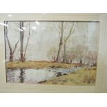 Framed & glazed watercolour of a river scene signed R A Atkins 1847. Estimate £10-20.