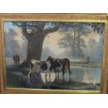 Early 20th century large textured silk screen print of cattle in lake. Estimate £20-30.
