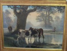 Early 20th century large textured silk screen print of cattle in lake. Estimate £20-30.