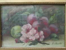 A pair of framed & glazed oil paintings of still life fruit & flowers, signed E Chester. Estimate £