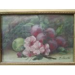 A pair of framed & glazed oil paintings of still life fruit & flowers, signed E Chester. Estimate £