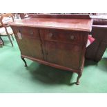 Mahogany sideboard, 2 drawers over cupboards with flame mahogany front on cabriole legs, 122cms x