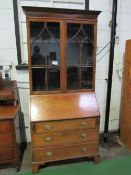 Edwardian mahogany bureau/bookcase with fitted interior & 3 graduated drawers, 92cms x 46cms x