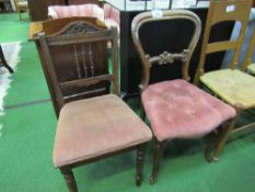 Upholstered Victorian mahogany balloon back dining chair & another mahogany dining chair.