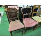 Upholstered Victorian mahogany balloon back dining chair & another mahogany dining chair.