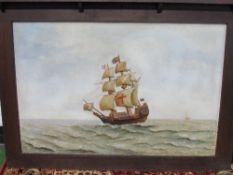 Painted plaster on board of a galleon in oak frame. Estimate £10-20.