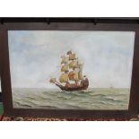 Painted plaster on board of a galleon in oak frame. Estimate £10-20.