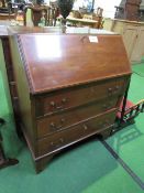 Mahogany bureau with inlay, oak fitted interior, 76cms x 39cms x 98cms. Estimate £20-40.