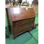 Mahogany bureau with inlay, oak fitted interior, 76cms x 39cms x 98cms. Estimate £20-40.