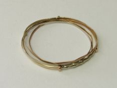 9ct yellow, white & rose gold bangle, wt 12.9gms & a 9ct 3 conjoined bangles each of yellow, white &