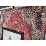 Red ground Keshan carpet, 280cms x 200cms. Estimate £70-90.