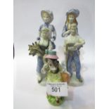2 blue & white figurines, female figurine with bird & 2 continental porcelain figurines. Estimate £