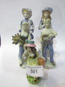 2 blue & white figurines, female figurine with bird & 2 continental porcelain figurines. Estimate £