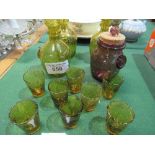 Collection of yellow glass bottles & glasses. Estimate £5-10.