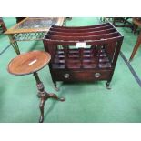 A small mahogany wine table, 26.5cms diameter, height 51cms & a mahogany Canterbury with drawer on
