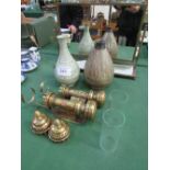Brass framed dressing table mirror, 2 Celadon glaze 19th century bottle shaped vases & 2
