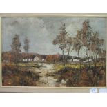 Framed oil on canvas of woodland village scene, signed. Estimate £5-10.