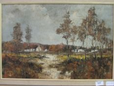 Framed oil on canvas of woodland village scene, signed. Estimate £5-10.