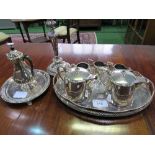 Silver plate Elkington tea set, another part set, a galleried tray, salver, coffee pot &
