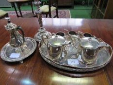 Silver plate Elkington tea set, another part set, a galleried tray, salver, coffee pot &