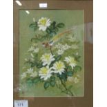 Pair of framed & glazed Chinese watercolours of birds, flowers & foliage, 54.5cms x 43.5cms.