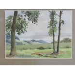 2 Charles Brooker - framed & glazed watercolours; village pond & landscape with trees in foreground,