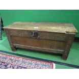 Early oak chest, 111cms x 40cms x 53cms. Estimate £80-120.