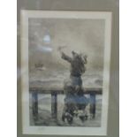 Framed & glazed print of a woman & children saying farewell to a ship, signed HAG. Estimate £10-20.