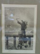 Framed & glazed print of a woman & children saying farewell to a ship, signed HAG. Estimate £10-20.