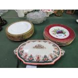 Qty of Crown Derby dinner plates, other dinner plates, 3 glass dishes & a covered tureen.