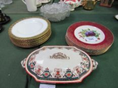 Qty of Crown Derby dinner plates, other dinner plates, 3 glass dishes & a covered tureen.