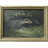 Framed oil on board painting of badgers by Berrisford Hill. Estimate £10-20.