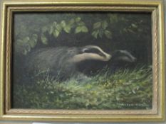 Framed oil on board painting of badgers by Berrisford Hill. Estimate £10-20.