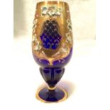 Vintage Egermann Czech Bohemian cobalt blue vase with gold overlay & applied enamel flowers.