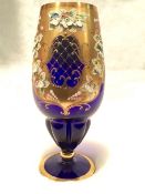 Vintage Egermann Czech Bohemian cobalt blue vase with gold overlay & applied enamel flowers.