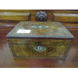 Burr walnut sewing box with inlaid border, plus Abalone & mother of pearl inlaid cartouche &