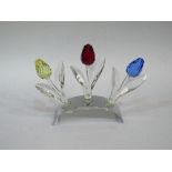 Complete Swarovski renewal set of 3 large coloured tulips with stand, all in original boxes with