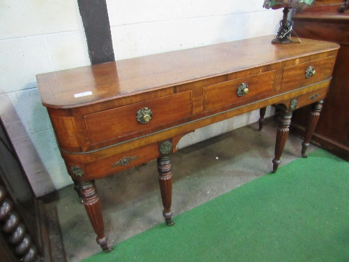 Mahogany sideboard converted from square piano with 3 frieze drawers on 6 turned & reeded legs to