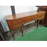 Mahogany sideboard converted from square piano with 3 frieze drawers on 6 turned & reeded legs to