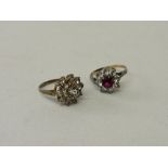 9ct gold cluster ring, size L, 2.8gms & a 9ct gold on silver red & clear stone, 2.4gms