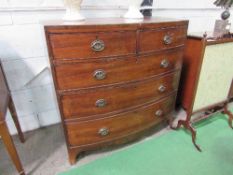 Mahogany bow fronted chest of 2 over 3 graduated drawers, on small splay bracket feet, 107cms x
