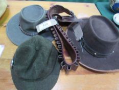 3 various hats & a leather cartridge bet. Estimate £15-25