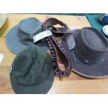 3 various hats & a leather cartridge bet. Estimate £15-25