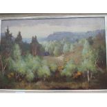 Oil on board 'Fox Hills' near Farnham by J Howard Hale, RBA FRSA. Estimate £10-20.