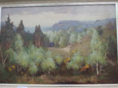 Oil on board 'Fox Hills' near Farnham by J Howard Hale, RBA FRSA. Estimate £10-20.