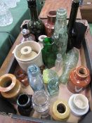 A box of Victorian bottles including 2 Royal Doulton, plus 5 stoppers. Estimate £10-20.