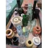 A box of Victorian bottles including 2 Royal Doulton, plus 5 stoppers. Estimate £10-20.