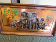 2 wildlife in copper, copper plaques depicting a family of elephants, made in Zimbabwe, size 96cms x