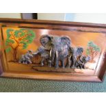 2 wildlife in copper, copper plaques depicting a family of elephants, made in Zimbabwe, size 96cms x